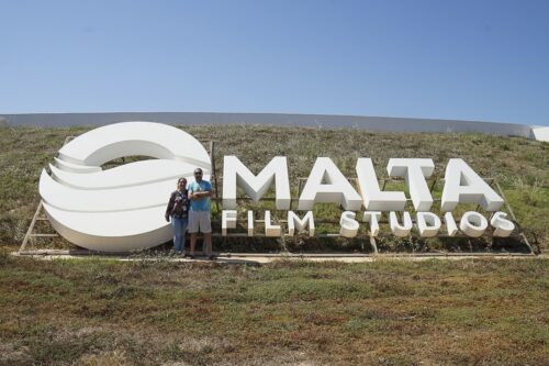 Film site guide Audrey Marie Bartolo and Alan Cassar, water tanks manager for Malta Film Studios.