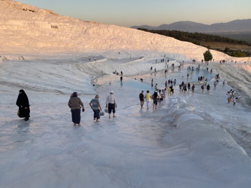 The calcium carbonate layers resembled snow from afar, but were surprisingly easy to grip onto going up or downhill and visitors of all ages came from all corners of the country to soak - oftentimes, fully dress - in the springs.