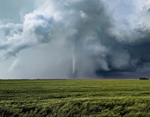 A long-lived tornado makes its final stand over a wheat field near Waldo, Kansas, on May 23, 2019
