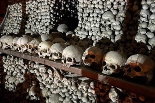 Skulls and femurs made creepy patterns in the basement of a church in Kutna Hora, Czech Republic, called an Ossuary. Max Hartshorne photos.