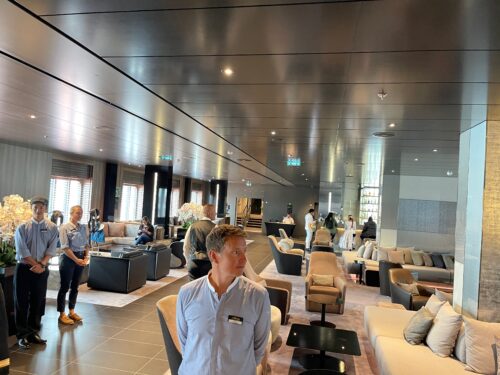 Inside the spacious main saloon of the ship, which is in between a super yacht and an ocean liner.