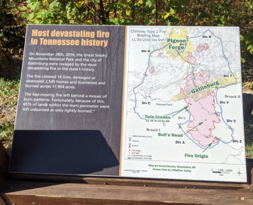 A plaque in Anakeesta's Memorial Walk shows the impacts of the 2016 Gatlinburg fire.