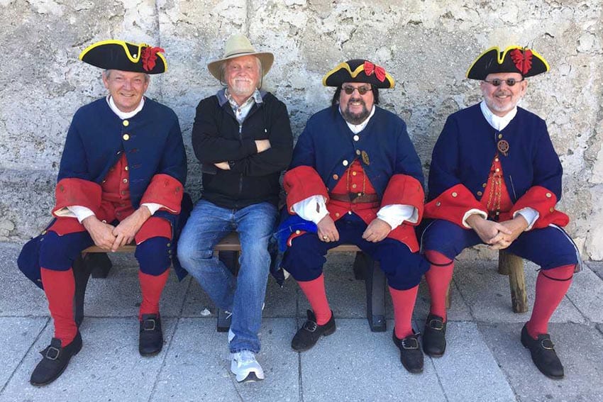 GoNOMAD Author Rich Grant, second from left, preparing the join the Spanish guard at the Castillo de San Marcos in St. Augustine.