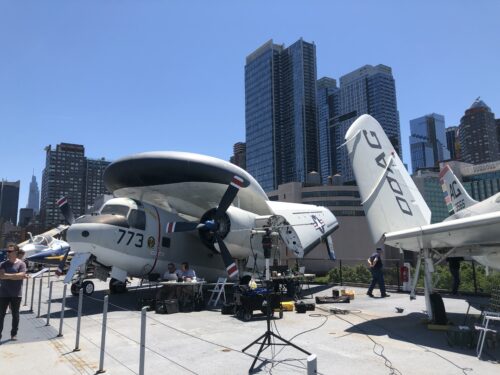 A bright summer day on the flight deck of the Intrepid, Sea, Air and Space Museum. 