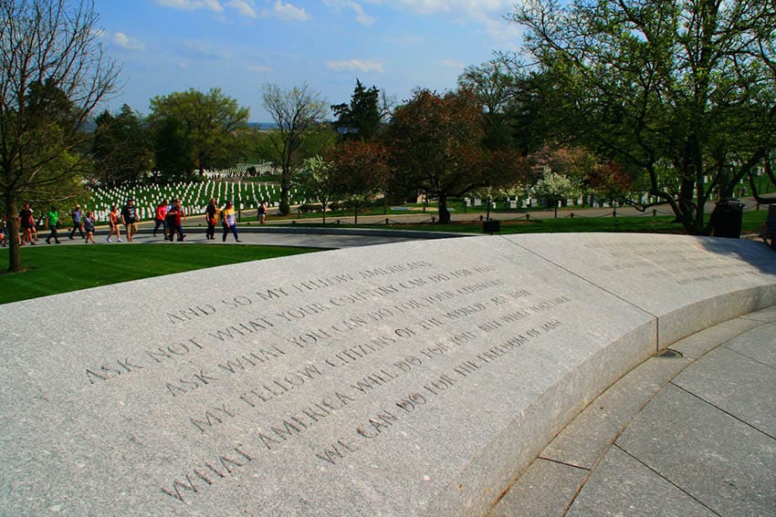 Parts of John F Kennedy's "Ask not" speech from his inaugural address is included at his memorial