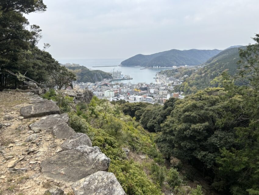 The view of Izuhara port from the mountainside castle fortress built by Toyotomi Hideyoshi in the 1590s as he was preparing to invade Korea.