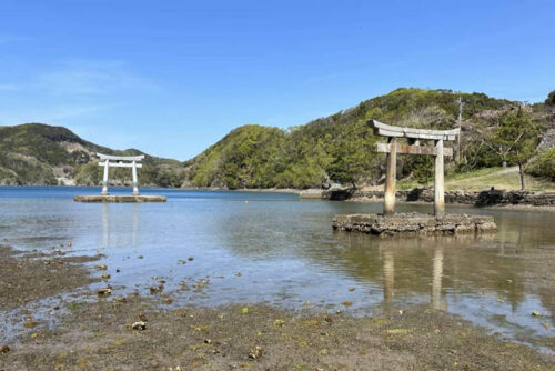The torii gates to Watazumi Shrine on Tsushima's Aso Bay. The shrine is the legendary site of the sea god's Dragon Palace.
