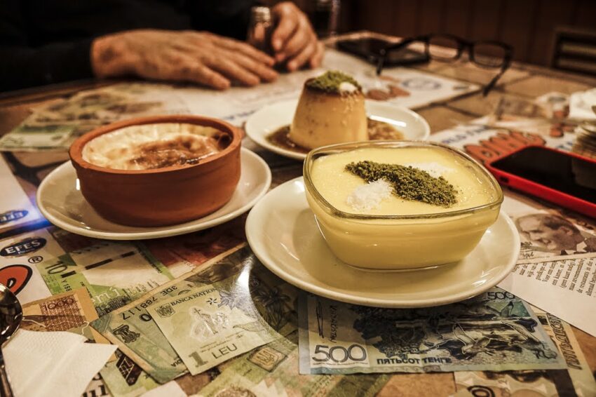 The famed classic pudding with pistachio and coconut powder (front) and rice pudding (left). (Photo by Marina Pascucci