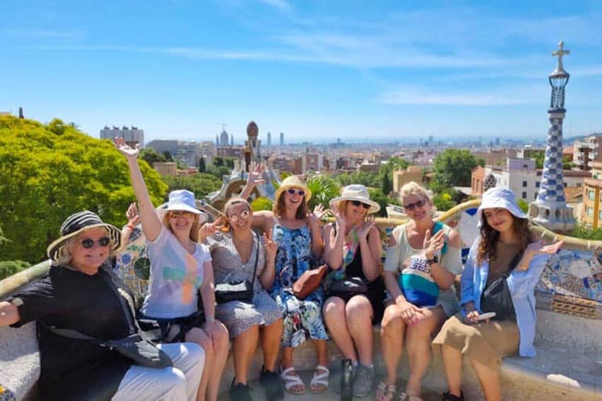 A group of excited female travelers in Barcelona
