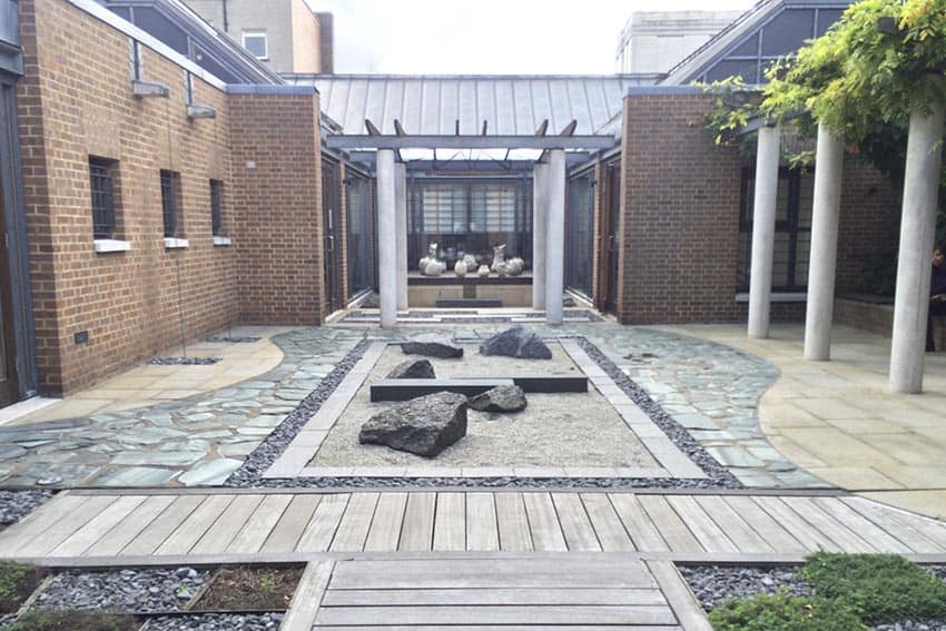 The peaceful Zen garden on the terrace of the Brunei Gallery at the School of Oriental and African Studies.