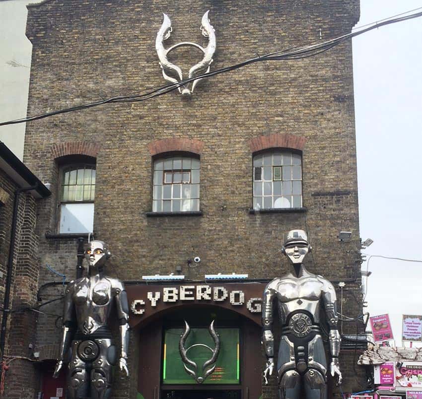 The interesting statues outside the Cyberdog clothing store at Camden Market.