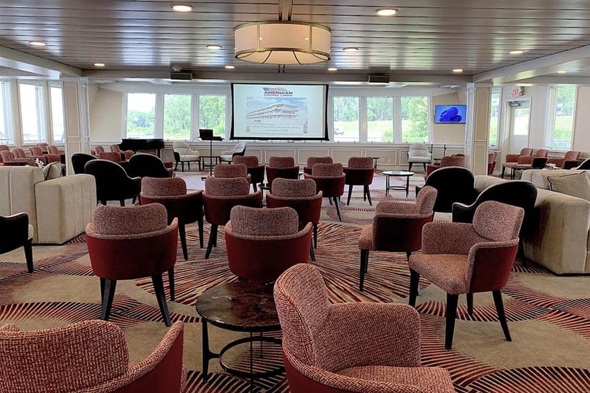 The River Lounge is where passengers gather to hear guest speakers, the cruise director and evening entertainment.