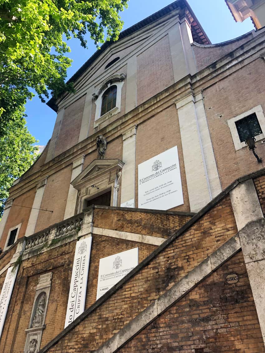 The external facade of the church ‘Santa Maria della Concezione dei Cappuccini’. The crypt was built beneath the church.