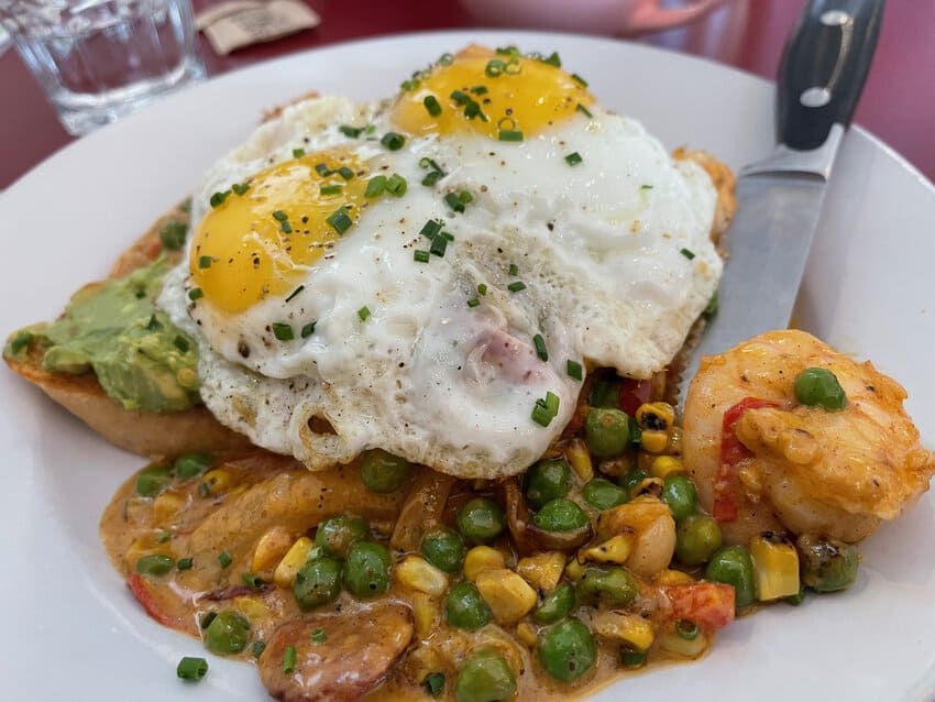 Cajun Toast with shrimp, avocado, pea shoots and poached eggs made for one of the all-time delicious breakfasts at Over Easy, downtown Medford.