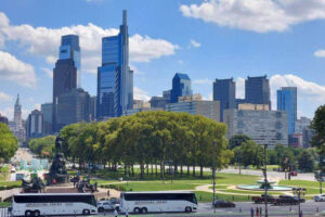 Philadelphia skyline as seen from the top of the steps of the Philadelphia Museum of Art.