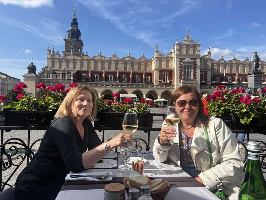 My guide Kasia and I had a prime view of Krakow's Grand Square on the terrace of Szara. © Sharon Kurtz